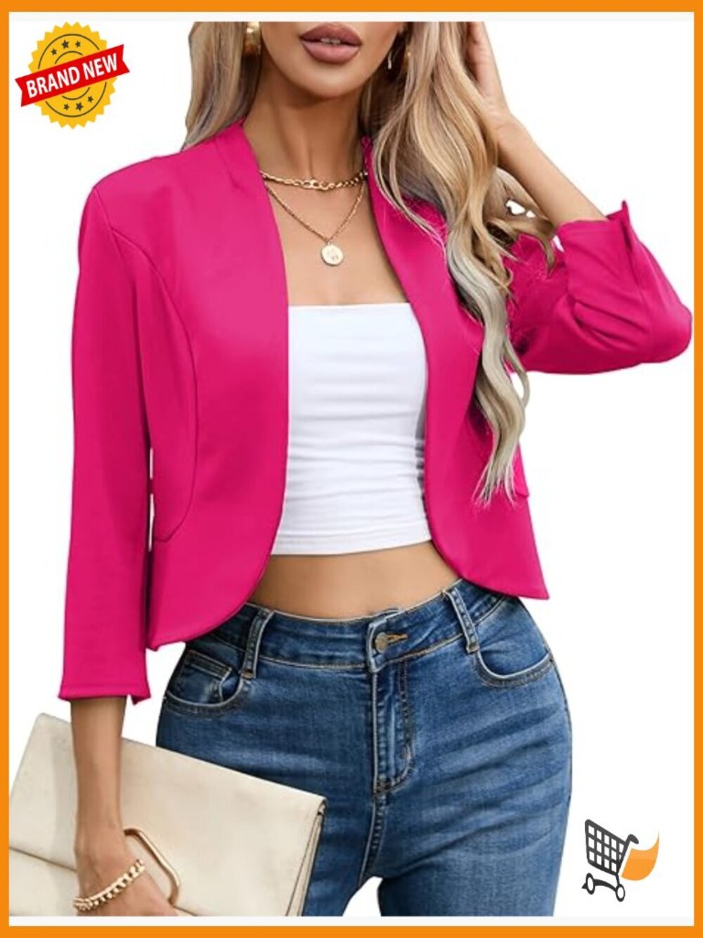 Cropped Blazer 3/4 Sleeve Collarless Open Front Cardigan Work Shrug